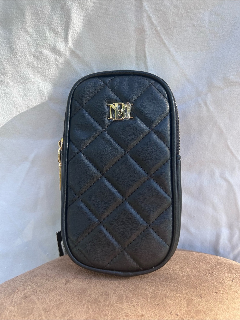 Badgley Mischka Quilted Black Mini Crossbody with Gold Logo
